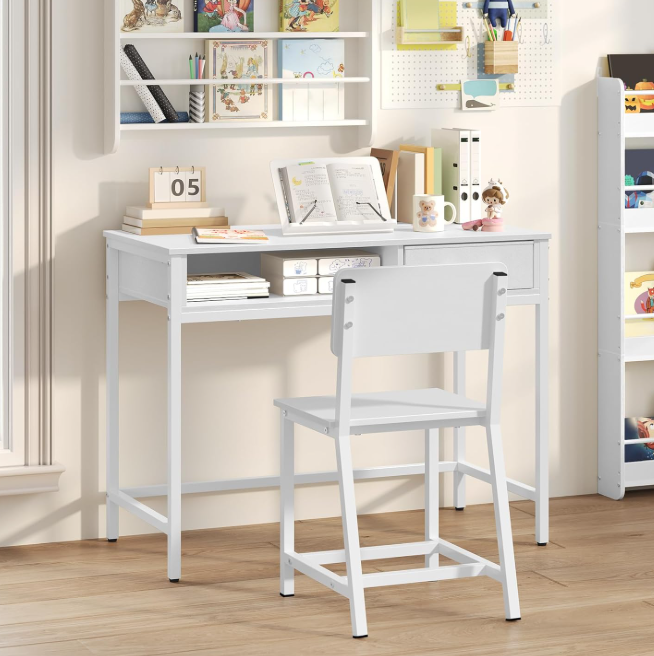 Kids Desk and Chair Set, Student Writing Desk, Kids Study Desk with Book Sorter and Fabric Drawer, Kids Wooden Study Table, for Study, Kids Room, Bedroom, White